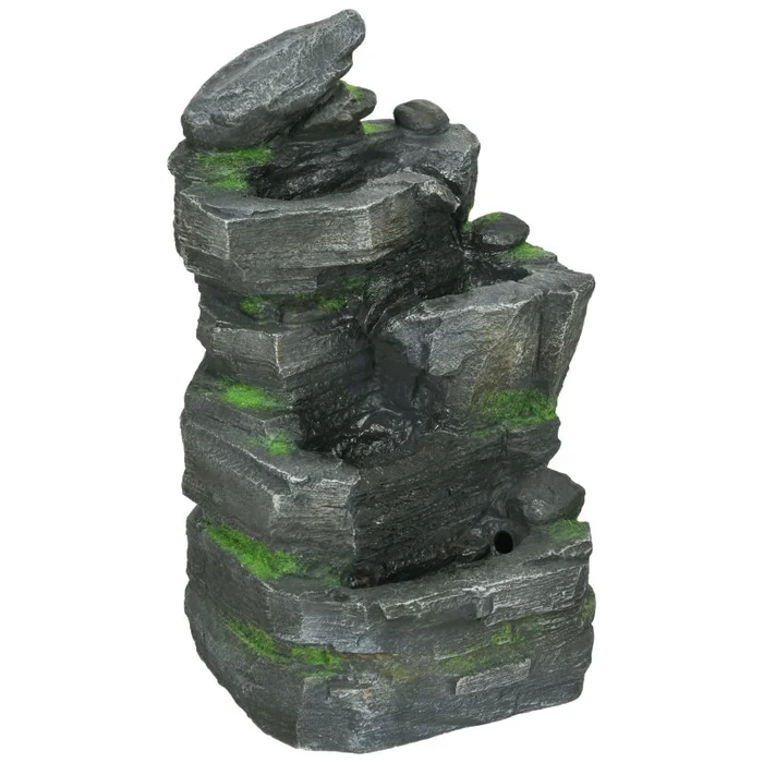 Outsunny Solar Powered Garden Water Feature with LED Lights and Pump, 4 Tier Cascading Water Fountain for Indoor/Outdoor, Stacked Stone Rock Waterfall Ornament, 57cm Height, Dark Grey
