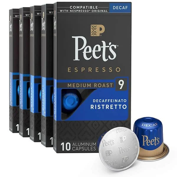 Peet’s Coffee, Dark Roast Decaf Espresso Pods Compatible with Nespresso Original Machine, Decaf Ristretto Intensity 9, 50 Count