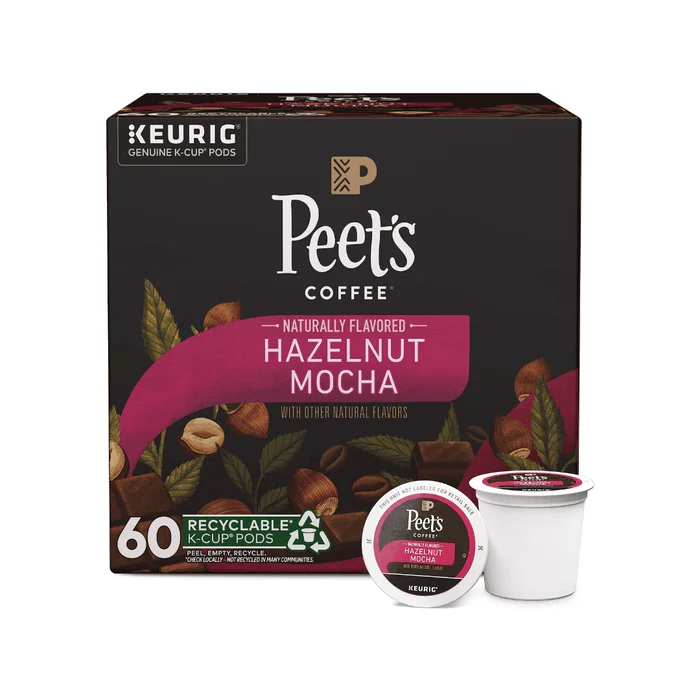 Peet’s Coffee, Hazelnut Mocha – Flavored Coffee – 60 K-Cup Pods for Keurig Brewers (6 boxes of 10 pods), Light Roast