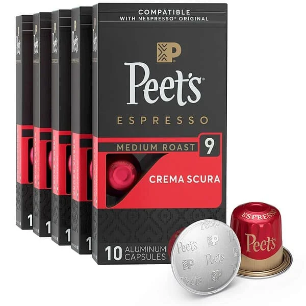Peet’s Coffee, Medium Roast Espresso Pods Compatible with Nespresso Original Machine, Crema Scura Intensity 9, 50 Count