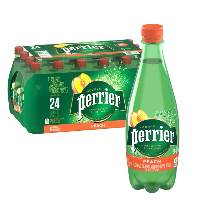 Perrier Flavored Carbonated Mineral Water Plastic Bottles, Peach, 16.9 Fl Oz (Pack of 24)