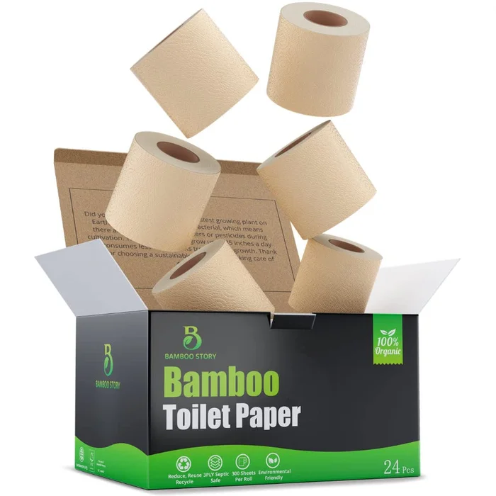 Premium Bamboo Toilet Paper, PFAS Free, Chemical Free Toilet Paper, Unbleached, (24) 3PLY & 300 Sheets, Organic Brown