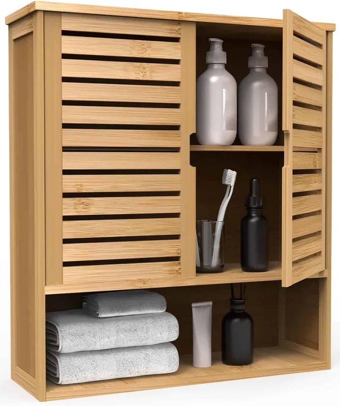 Purbambo Bathroom Wall Cabinet, Bamboo Wall Mount Medicine Cabinet Storage Organizer, Double Doors & 3 Tier Adjustable Shelf