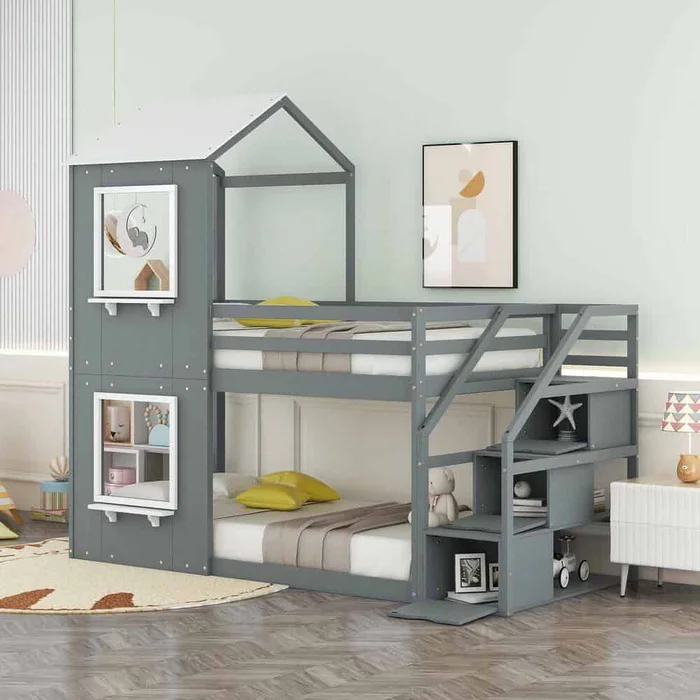 Qualler Gray Twin Over Twin Bunk Bed with Storage Stairs