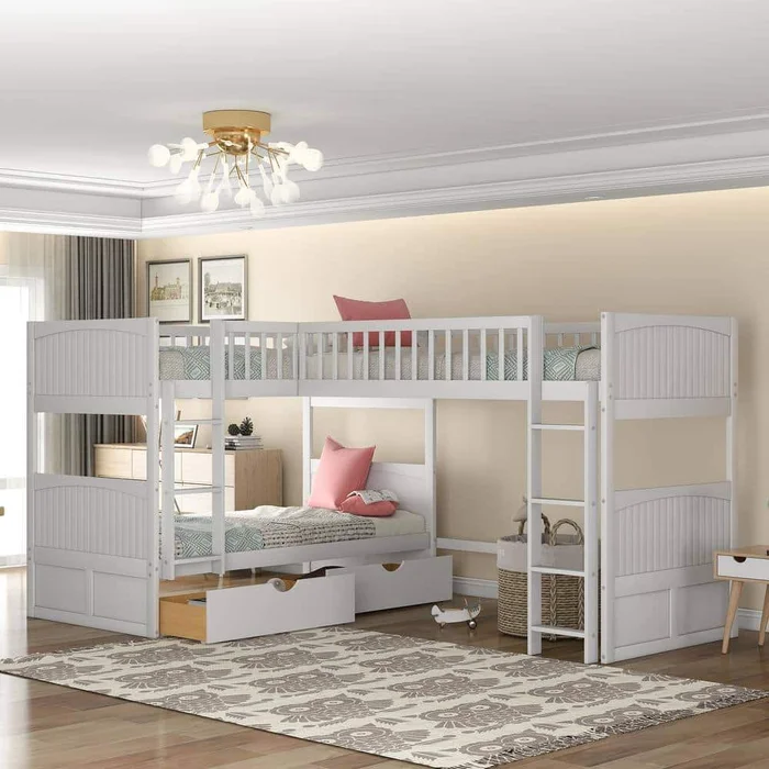 Qualler White Twin Size Bunk Bed with a Loft Bed and Two Drawers