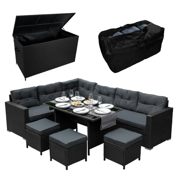 Rattan Corner Dining Set & Garden Storage Box Black 9-Seater L Sofa Stools Glass Table Large Cushion Furniture Chest 582L Outdoor Patio Steel Frame UV Resistant FREE Waterproof Carry Bag & Rain Cover