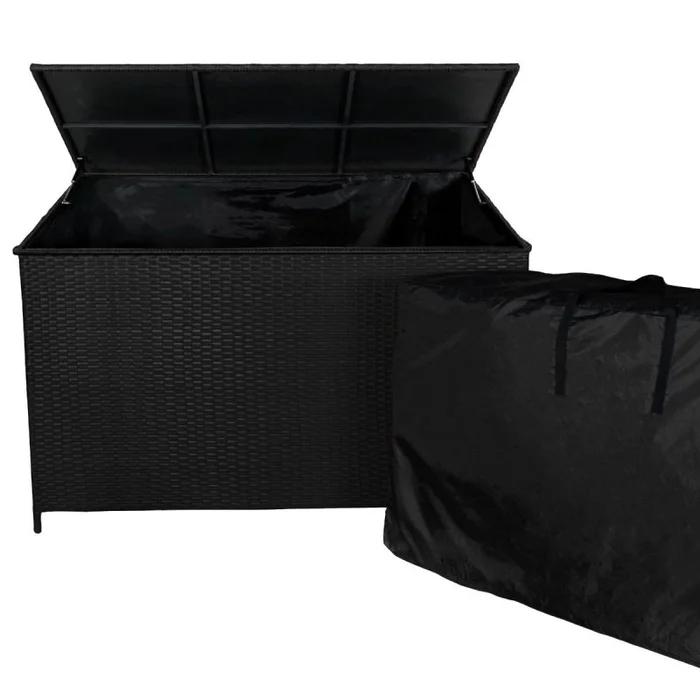 Rattan Garden Storage Black Box & Waterproof Carry Bag Large Cushion Blanket Tools Toys Furniture Chest 582L Outdoor Patio Deck Steel Frame UV & Weather Resistant Gas Assisted Lift Lid Portable Wheels