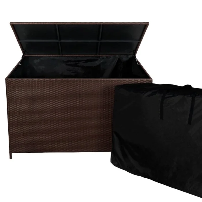 Rattan Garden Storage Brown Box & Waterproof Carry Bag Large Cushion Blanket Tools Toys Furniture Chest 582L Outdoor Patio Deck Steel Frame UV & Weather Resistant Gas Assisted Lift Lid Portable Wheels