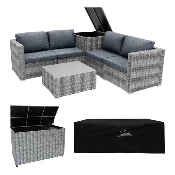 Rattan Modular 6 Piece Furniture Set & 700L Storage Box – Grey