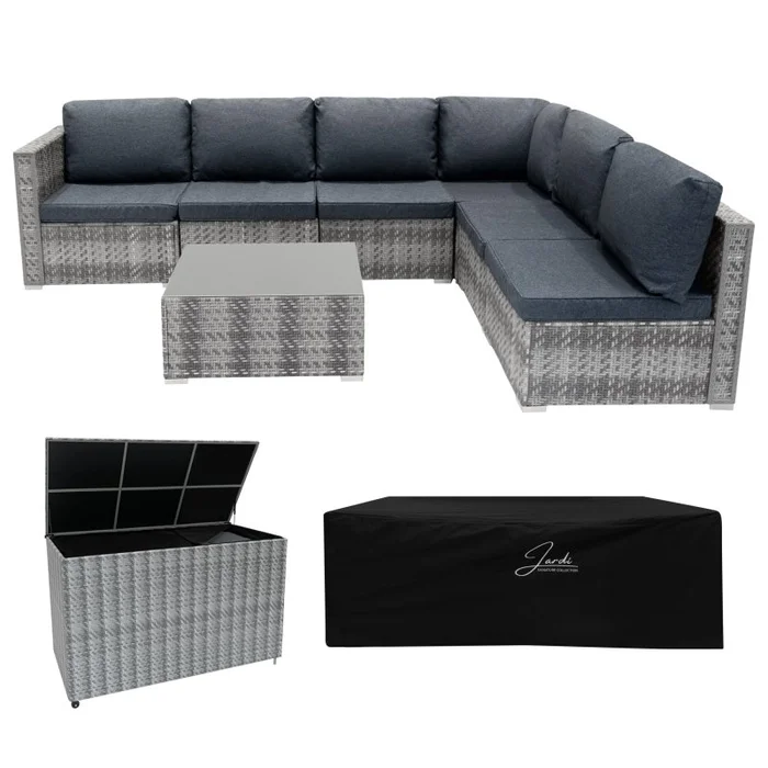 Rattan Modular 7 Piece Furniture Set & 700L Storage Box – Grey