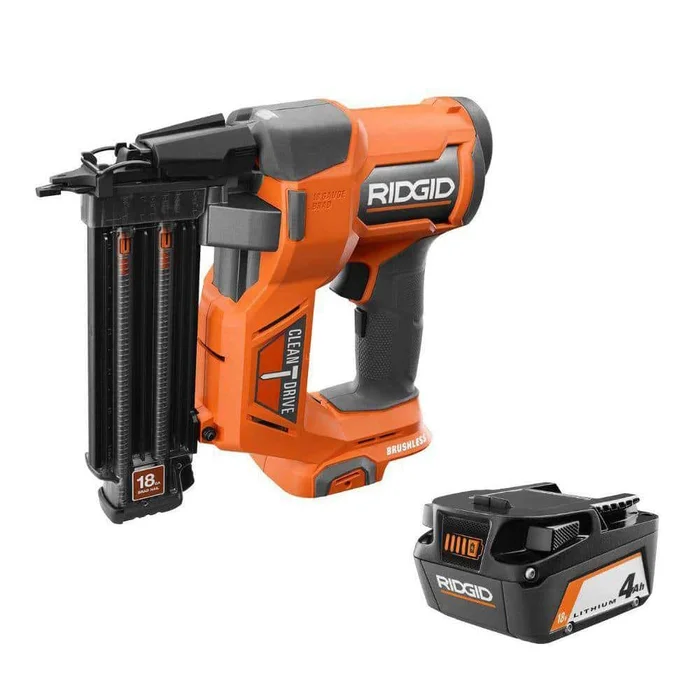 RIDGID R09891B-AC87004 18V Brushless Cordless 18-Gauge 2-1/8 in. Brad Nailer with 4.0 Ah Lithium-Ion Battery