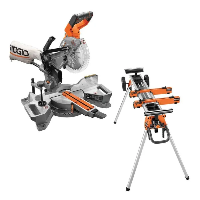 RIDGID R48607B-AC9960 18V Brushless Cordless 7-1/4 in. Dual Bevel Sliding Miter Saw with Professional Compact Miter Saw Stand