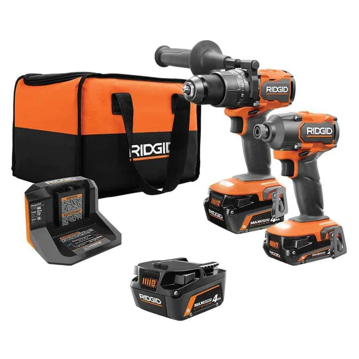 RIDGID R9208-AC840040 18V Brushless Cordless 2-Tool Combo Kit with Hammer Drill, Impact Driver, (3) Batteries, Charger, and Bag