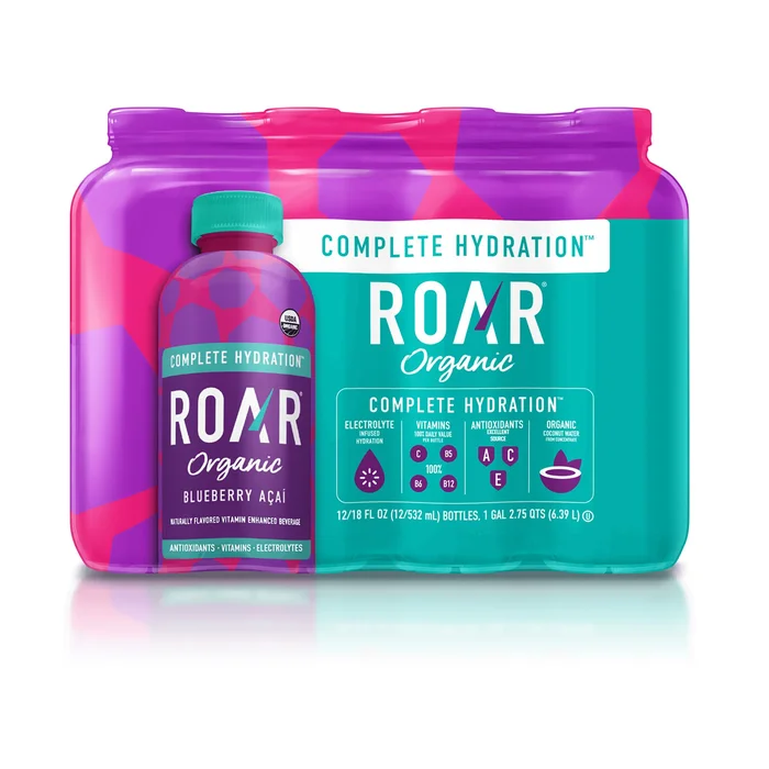 Roar Organic Electrolyte Infusions – USDA Organic – Blueberry Acai, Coconut Water Infused Beverage 18 Fl Oz (Pack of 12)