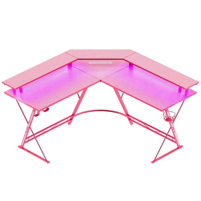 Rolanstar SEVEN WARRIOR Gaming Desk 50.4”with LED Strip&Power Outlets,Pink
