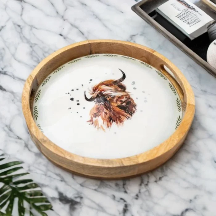 Round Wooden Tray Highland Cow 30cm