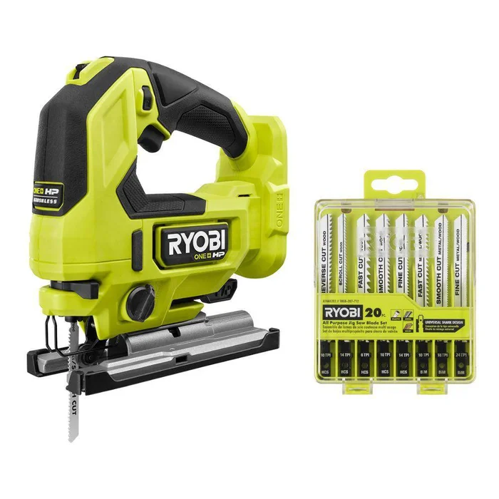 RYOBI ONE+ HP 18V Brushless Cordless Jig Saw (Tool Only) with All Purpose Jigsaw Blade Set (20-Piece)