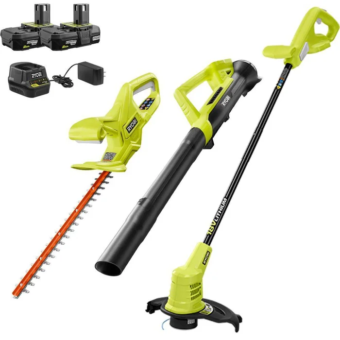 RYOBI P20131 ONE+ 18V Cordless Battery String Trimmer/Edger, Hedge Trimmer, Blower (3-Tool) w/ (2) 2.0 Ah Batteries and Charger