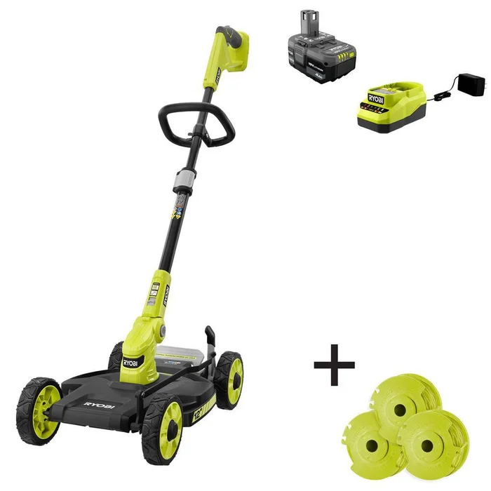 RYOBI P20160-AC ONE+ 18-Volt 12 in. Cordless 3-in-1 Trim Mower with Extra 3-Pack of Spools, 4.0 Ah Battery and Charger