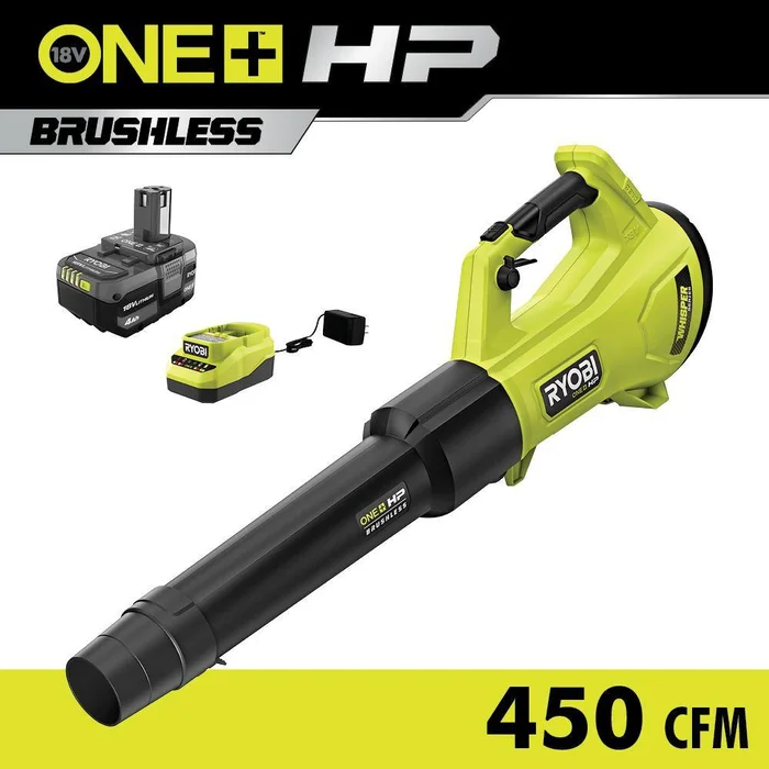RYOBI P21140 ONE+ HP 18V Brushless Whisper Series 130 MPH 450 CFM Cordless Battery Leaf Blower with 4.0 Ah Battery and Charger