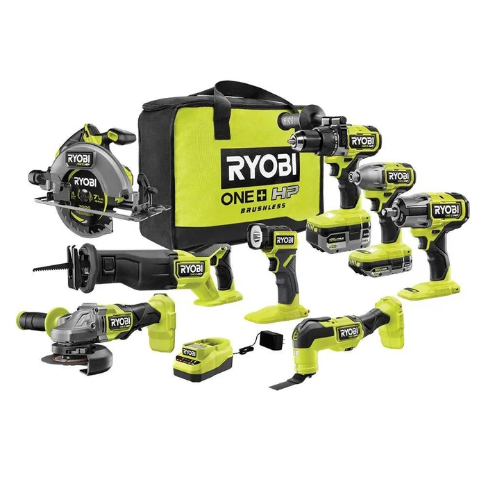 RYOBI PBLCK108K2 ONE+ HP 18V Brushless Cordless 8-Tool Combo Kit with 4.0 Ah and 2.0 Ah HIGH PERFORMANCE Batteries, Charger, and Bag