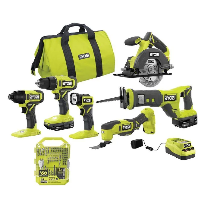 RYOBI PCL1600K2-A986501 ONE+ 18V Cordless 6-Tool Combo Kit with 1.5 Ah and 4.0 Ah Batteries, Charger