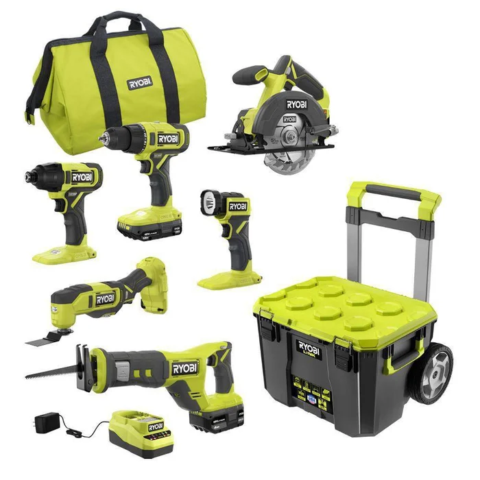RYOBI PCL1600K2-STM201 ONE+ 18V Cordless 6-Tool Combo Kit with 1.5 Ah Battery, 4.0 Ah Battery, Charger, and LINK Rolling Tool Box