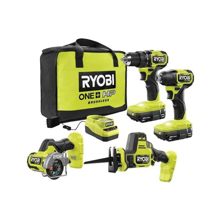 RYOBI PSBCK104K2 ONE+ HP 18V Brushless Cordless Compact 4-Tool Combo Kit with (2) 2.0 Ah Batteries, Charger, and Bag