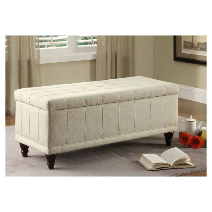 Saltoro Sherpi Fabric Lift-Up Storage Bench With a Tufted Seat, Cream