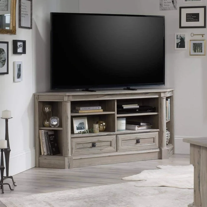 SAUDER Palladia 61 in. Oak Engineered Wood Corner TV Stand with 2 Drawer Fits TVs Up to 60 in. with Adjustable Shelves