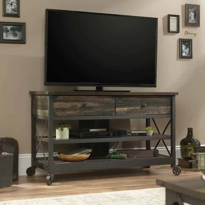 SAUDER Steel River 49 in. Carbon Oak Particle Board TV Stand with 2 Drawer Fits TVs Up to 55 in. with Built-In Storage