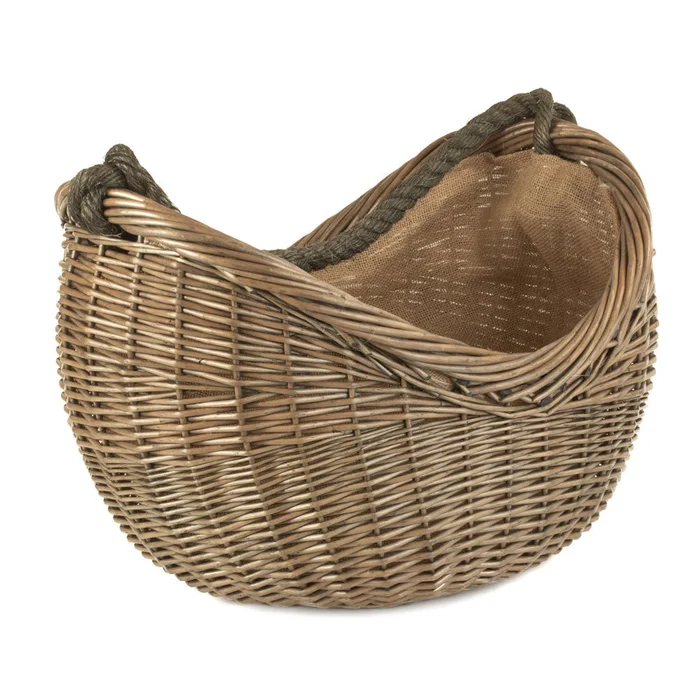 Scooped Willow Lined Carrying Basket with Rope Handle