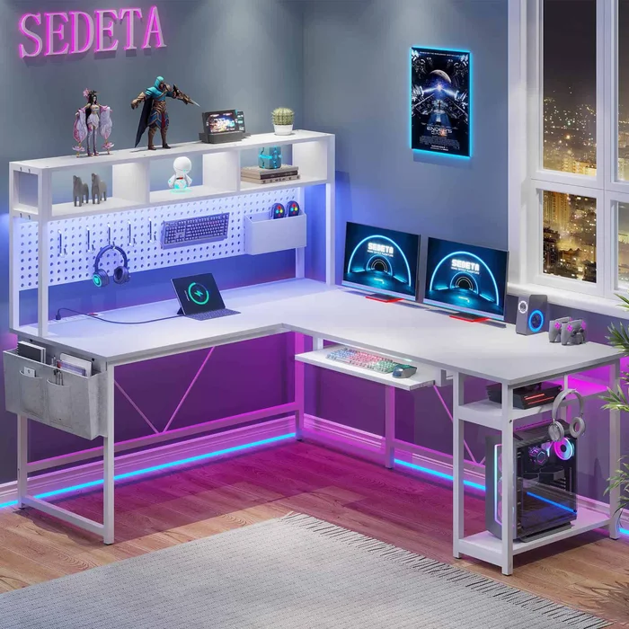 SEDETA L Shaped Gaming Desk with LED Light, Reversible 94.5″ Office Desk with Power Outlet and Pegboard, Keyboard Tray and Storage Bag, White