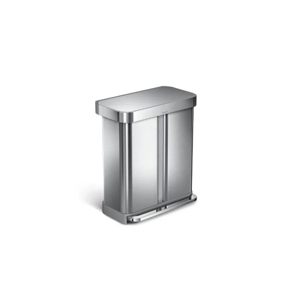 simplehuman 58 Liter, 15.3 Gallon Rectangular Hands-Free Dual Compartment Recycling Kitchen Step Trash Can, Brushed Stainless Steel