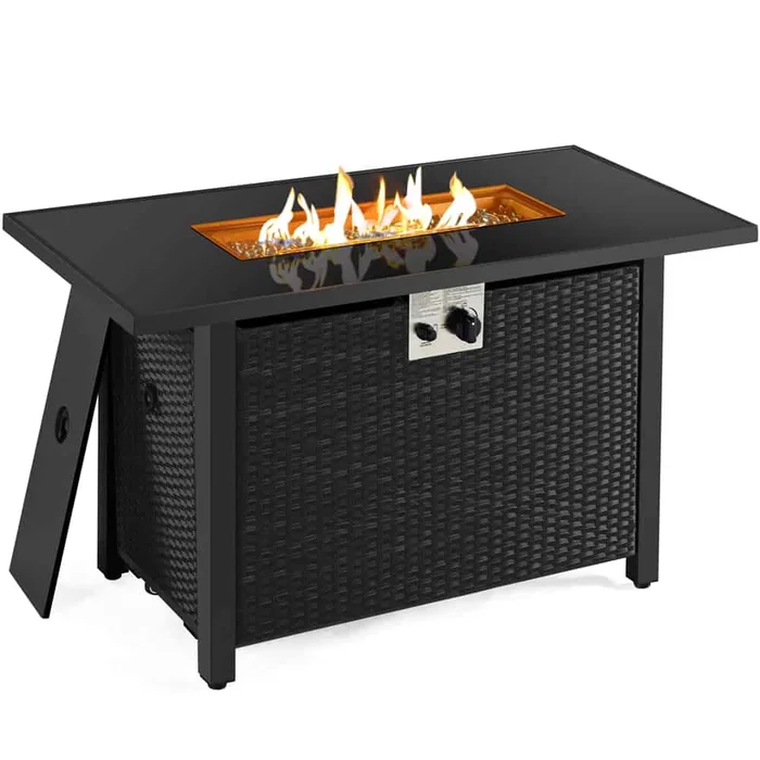 SMILE MART 43″ Gas Propane Fire Pit Table with Tempered Glass Tabletop Rattan Wicker Base for Patio/Courtyard/Garden, Black