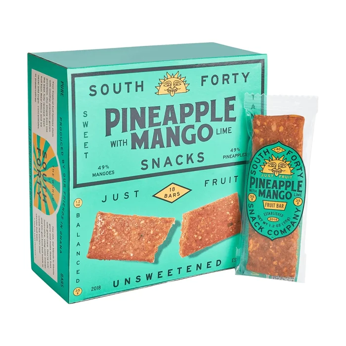 South 40 Snacks Tropical Pineapple Mango Lime Fruit Bar, just 3 Ingredients, Real Dried Fruit Leather (35g Bar, Pack of 18)