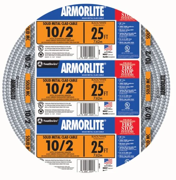 Southwire Armorlite 25-Feet 10 / 2 Solid Aluminum MC (Metal Clad) Cable