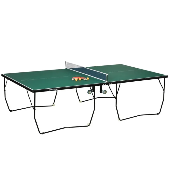 SPORTNOW 9FT Folding Table Tennis Table, Portable Full-Size Ping Pong Table w/ 8 Wheels, 2 Bats, 3 Balls, Quick Set-Up Indoor Game Table – Green