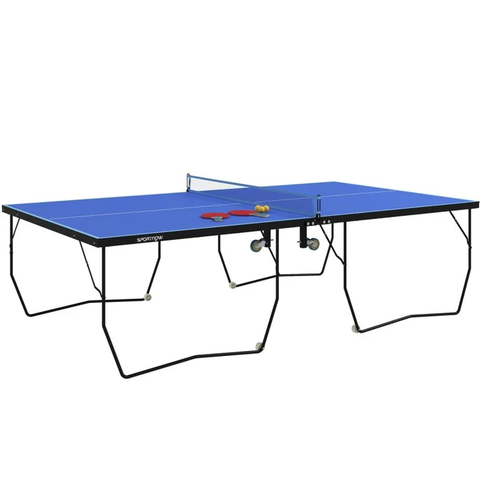 SPORTNOW 9FT Folding Table Tennis Table, Portable Full-Size Ping Pong Table w/ 8 Wheels, 2 Bats, 3 Balls, Quick Set-Up Indoor Game Table – Blue