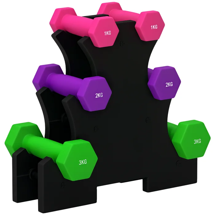 SPORTNOW Hex Dumbbells Set with Dumbbell Rack, Hand Weights for Home Gym Strength Training, 2 x 1kg, 2 x 2kg, 2 x 3kg