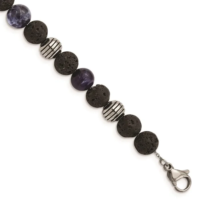 Stainless Steel Antiqued & Polished Lava Stone/Sodalite w/1in ext Bracelet