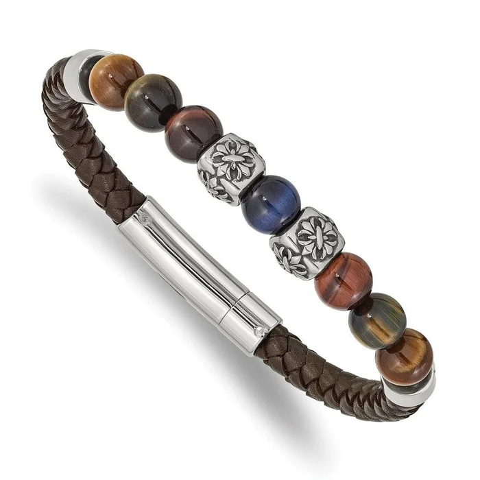 Stainless Steel Antiqued & Polished MultiColor Tiger’s Eye Leather Bracelet