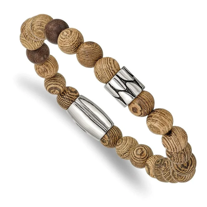 Stainless Steel Antiqued & Polished Tan African Wood Stretch Bracelet