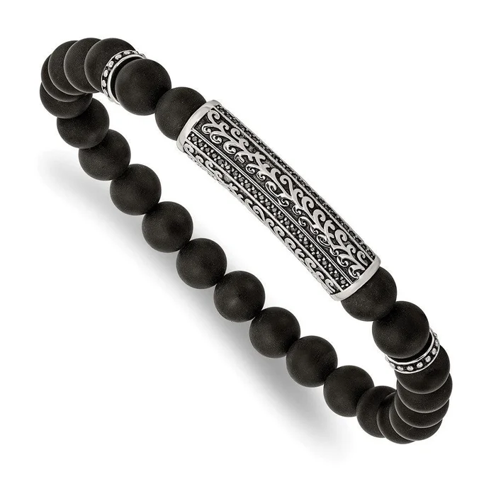 Stainless Steel Antiqued & Polished with Black CZ & Agate Stretch Bracelet