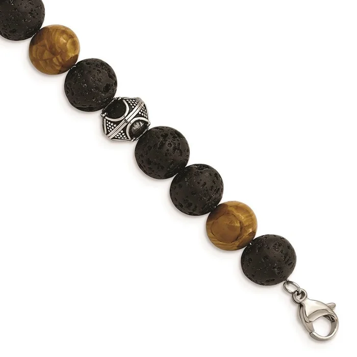 Stainless Steel Antiqued 9.5-10mm Lava/Red Wood Stone w/1in ext Bracelet