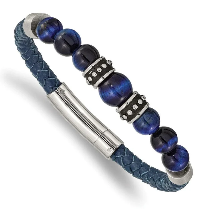 Stainless Steel Antiqued and Polished Blue Tiger’s Eye Leather Bracelet