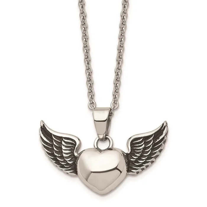Stainless Steel Antiqued and Polished Heart with Wings Necklace