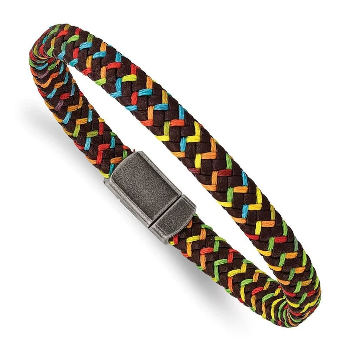 Stainless Steel Antiqued Brown Leather with Multi-colored Nylon Bracelet
