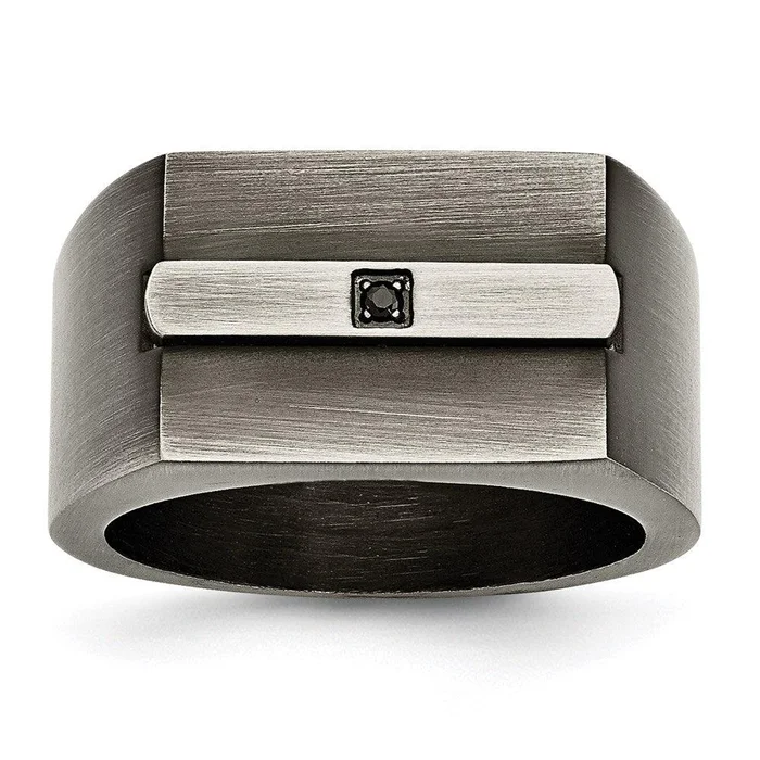 Stainless Steel Antiqued Brushed w/Black CZ Ring