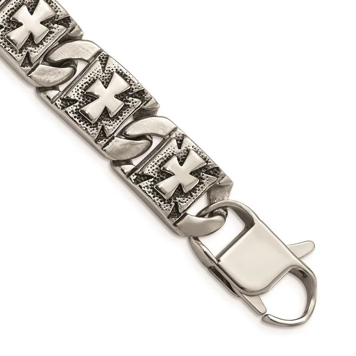 Stainless Steel Antiqued Links with Crosses Bracelet